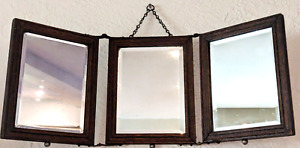 Antique Victorian Tri Fold Dresser Vanity Shaving Mirror Stands Hangs Oak Emboss
