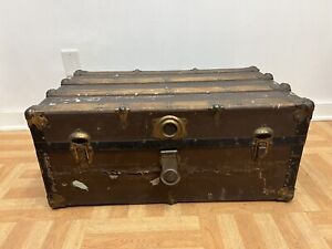 Vintage Wood Steamer Trunk Chest Coffee Table Storage Box Antique Decor Brown