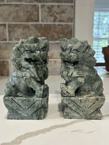 Vtg 2 Jade Hand Carved Stone Foo Dogs Marble Green Bookends 5 5 