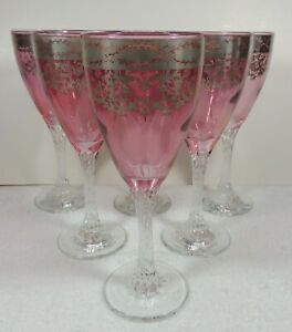 Set Of 6 Cranberry Red Wine Glass Goblet With Twist Stem And Silver Overlay