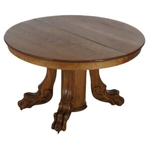 Antique Horner School Round Carved Oak Clawfoot Dining Table Six Leaves C1920
