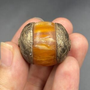 Very Unique Ancient Roman Baltic Amber Silver Bead
