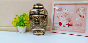 Cremation Urn For Human Ashes With Gold Engraving Hand Made In Brass Black G