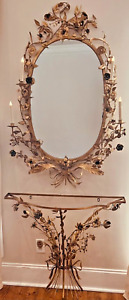 Exceedingly Rare Flower And Bird Adorned Ornate Tole Gilt Mirror Console Table