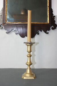 Wonderful 19th C Brass Candlestick With Rare Removable Glass Drip Pan Wax Tray