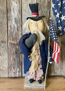 Early American Colonial Primitive Patriotic Americana Uncle Sam Doll Flag Crow