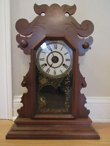 Antique Gingerbread New Haven Clock Co Mantel Reverse Painted Alarm Wood