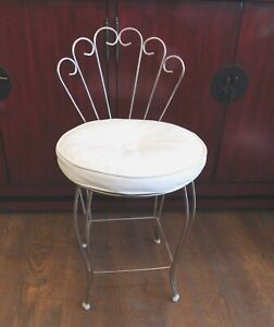 Mcm Vanity Chair With Back Silver Tone W White Vinyl Cushion