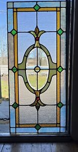 Antique Stained Leaded Glass Window Beveled Center 2 Jewels Mine Boss Home Pa