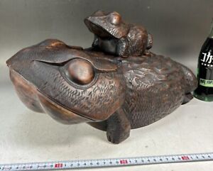 Frog Pair Figure 303 Vtg Japanese Carved Wood Mother Baby Kid Toad Sculpture