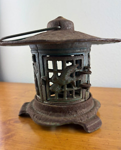 Antique Japanese Lantern Cast Iron Tea Lamp Birds And Bamboo