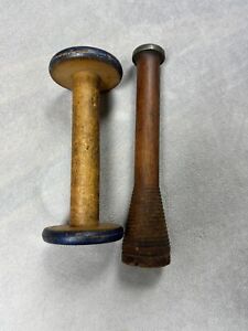 Vintage Antique Industrial Yarn Spools Spindle Textile Bobbin Wooden Set Of 2 