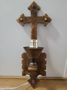 Vtg Heavy Brass Bronze Gothic Religious Sconce Electric Cross Church 15 5 