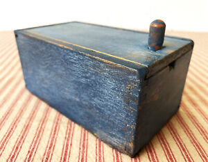 Antique Small Pine Wood Box Sliding Lid Blue Paint Pull Knob 6 X3 Vintage