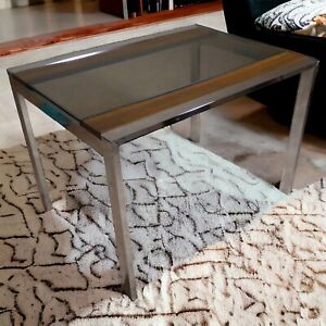Mid Century Modern Milo Baughman Style Chrome Wood Base Smoked Glass Side Table