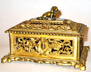 Superb Ormolu Gold On Bronze Dog Figural Ca 1870 Desk Box Joliet Il Mansion