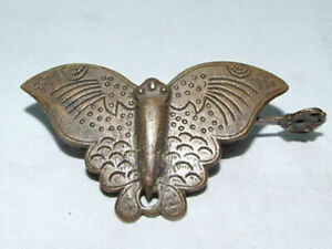 10 Cm Rare Chinese Old Style Brass Carved Butterfly Lock And Key