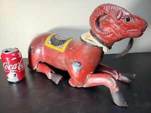 Antique Red Painted Wood Jointed Ram Sheep Large 16 Asian Folk Art Cute Ooak