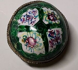 Antique Enamel Button Polychrome Ball Shape Silver Floral Pattern Hand Painted