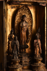 Japanese Antique Amida Nyorai Buddha Amitabha With Four Attendants Wooden Statue
