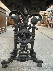 Victorian Antique Cast Iron Footstool Hall Bench Torches Mythical Lion Face