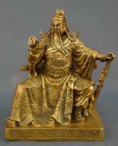 Chinese Brass Bronze Wealth Dragon Seat Guan Gong Yu Warrior God Bood Statue