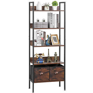 5 Tier Bookshelf Bookcase Metal Shelf Units With 2 Storage Drawers Rustic Brown