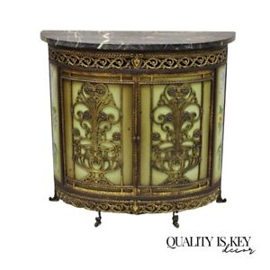 French Victorian Wrought Iron Oscar Bach Demilune Marble Top Console Cabinet