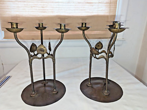 Antique Arts And Crafts 3 Arm Cast Iron Candelabra Pair Hand Hammer 14 T