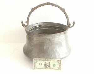 1900 S Antique Signed Large Hammered Copper Cauldron Kettle Pot Wrought Handle 