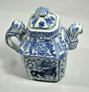 Oriental Blue White Fish Design Porcelain Tea Pot W Lid Fish Like Handle Spout