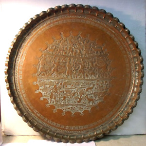 Vintage Or Antique Persian Or Islamic Engraved Copper Silver Tray Unsigned 18 