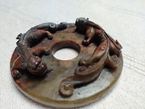 Antique Chinese Large Jade Bi Disk With 2 Muscular Dragons Carved In High Relief