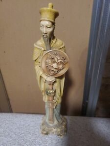 Chinese Japanese Carved Resin Statue Warrior With Sword Fighting A Small Dragon
