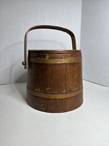 Vintage Wood Firkin Sugar Bucket With Metal Brass Bands Country Primitive Decor