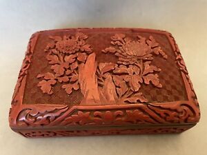 Antique Chinese Carved Chrysanthemum Cinnabar W Brass Cloisonn Enamel Box