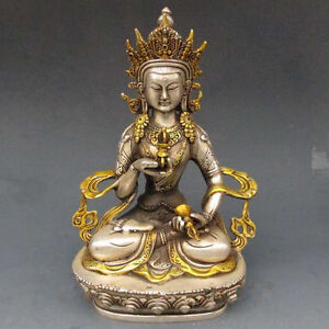 Collection Chinese Old Tibet Silver Gilt Buddhism White Tara Buddha Statue 22524
