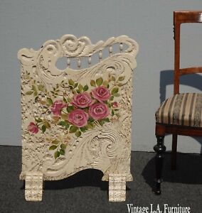 Vintage French Country White Wood Pink Floral Fireplace Screen Room Decor
