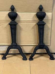 Antique Large Hand Hammered Black Cast Iron Andirons Gothic Style