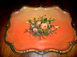 19th C French Tole Tray Hp Floral Edge Ombre Chinoiserie Huge 1890s Table Top