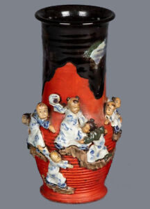 19th C Meiji Japanese Sumida Gawa 7 Figure Vase Signed Ban Ni 12 1 2 Inches Tall
