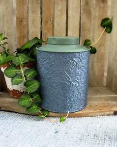 Early Antique Pantry Tin Embossed Vines Blue And Green Milk Paint