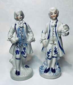 2 Czech Porcelain Male Figurines In All White With Blue Accents
