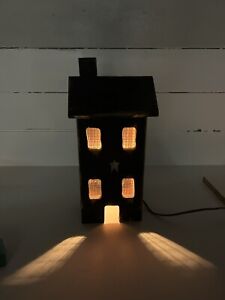 Primitive Black Distressed Wood Saltbox House Medium Lighted 14 75