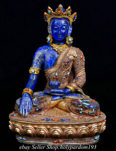 11 6 Old Tibet Tibetan Lapis Lazuli 24k Gold Gilt Inlay Gems Buddha Statue
