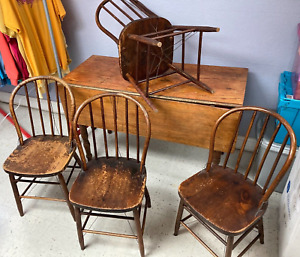 Antique Wood Furniture Set International Wire Chair Co Drop Leaf Table 1800s Old
