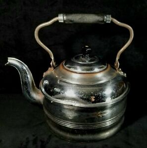 Antique Rochester Chromed Copper Tea Kettle W Lid Wood Handle Good Functional