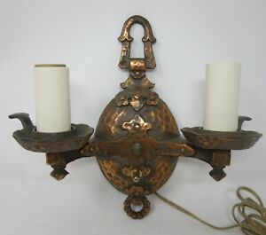 1910s Wall Light Sconce Arts Crafts Mission Beaten Copper 2 Candle New Wiring