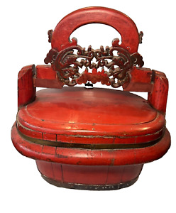 Antique Chinese Red Lacquer Carved And Decorated Wooden Wedding Basket