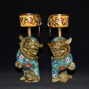 8 4 Marked China Copper Cloisonne Foo Dog Lion Candle Holder Candlestick Pair
